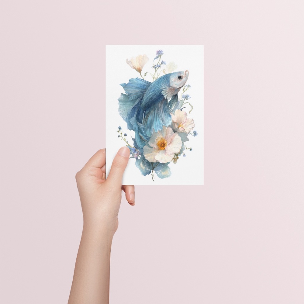 Watercolor Betta Fish with Flowers Wall Art Print Unframed - Enchanting Aquatic - Picture 5 of 6